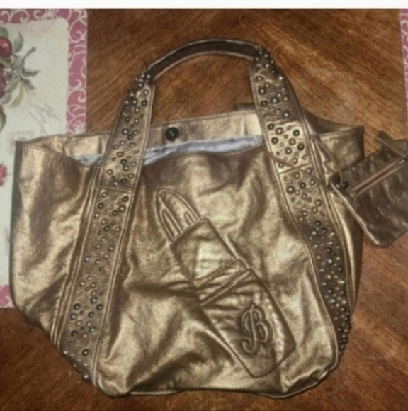 🍁🍂Vintage Betsey Johnson Bronze Leather Metalicize Me Lipstick Tote Handbag - Picture 9 of 10